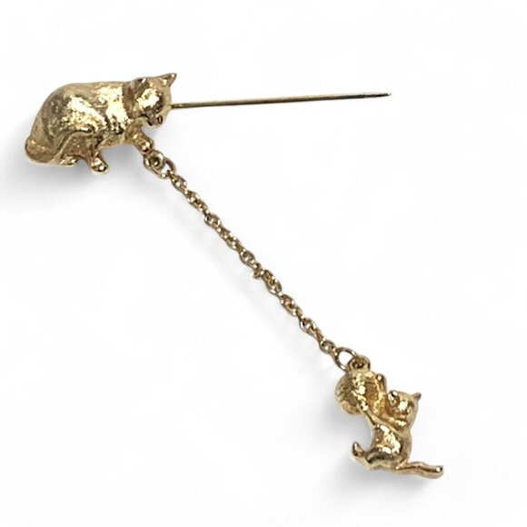 Vintage Avon Cat & Kitten With Yarn Ball Jabot Stick Pin Gold Tone - Picture 4 of 6